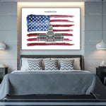 Image représentant le drapeau américain avec le Capitole de Washington en arrière-plan, décoration murale patriotique pour un intérieur moderne.
