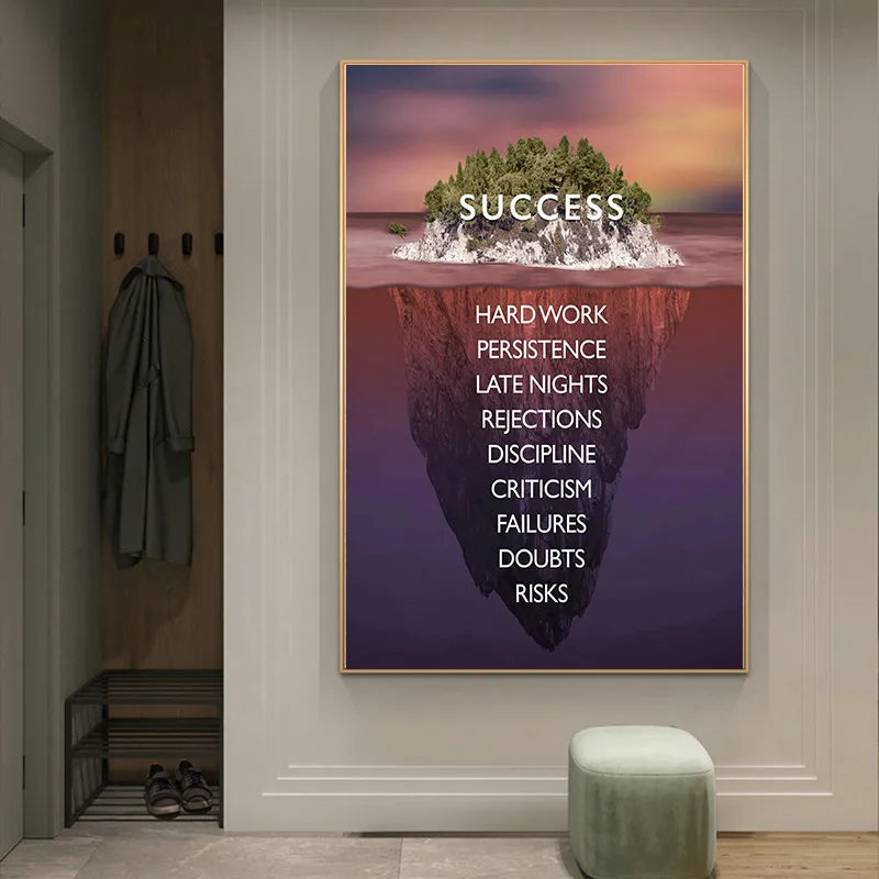 Une affiche murale présentant les ingrédients de la réussite, avec un paysage idyllique de montagne enneigée et un coucher de soleil coloré en arrière-plan.