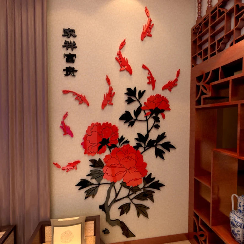 Décoration murale TV avec autocollants 3D pivoine et poisson