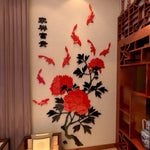 Décoration murale TV avec autocollants 3D pivoine et poisson