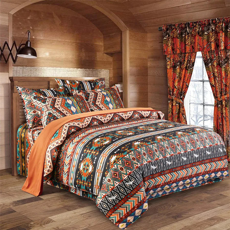 Parure de lit ethnique sur un lit king size avec décoration bohème