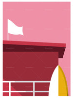 Une image géométrique dans les tons de rose et de rouge, avec une forme de drapeau blanc et une forme triangulaire jaune.