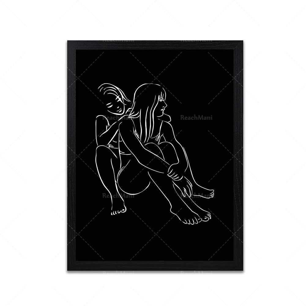 Une silhouette féminine abstraite en noir et blanc, avec un cadre élégant, représentant une image de calme et de contemplation.