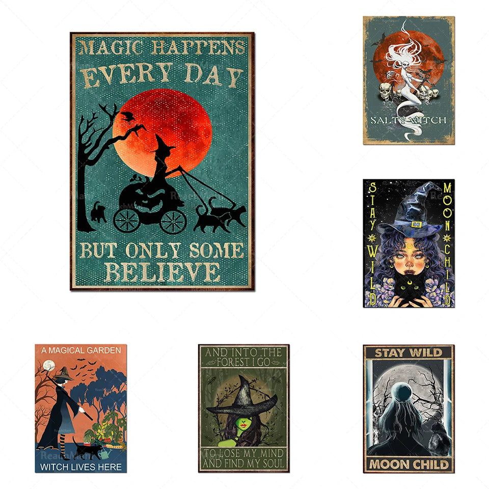 Mystérieuse collection d'affiches vintage évoquant la magie et la sorcellerie, avec des illustrations d'une sorcière, d'un chat noir, d'un seau à friandises et de paysages nocturnes.