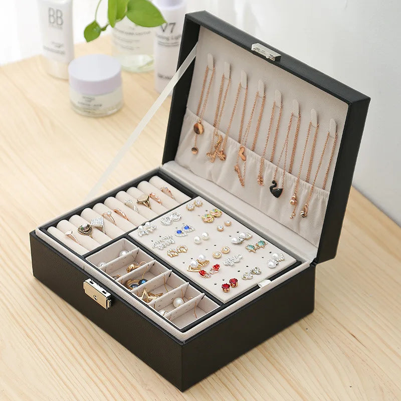 Boîte à bijoux en bois double couche couleur grise avec organisateur en cuir PU