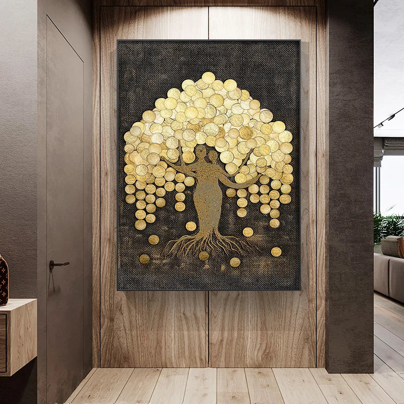 Peinture murale dorée arbre pièces or Ombre Interieur