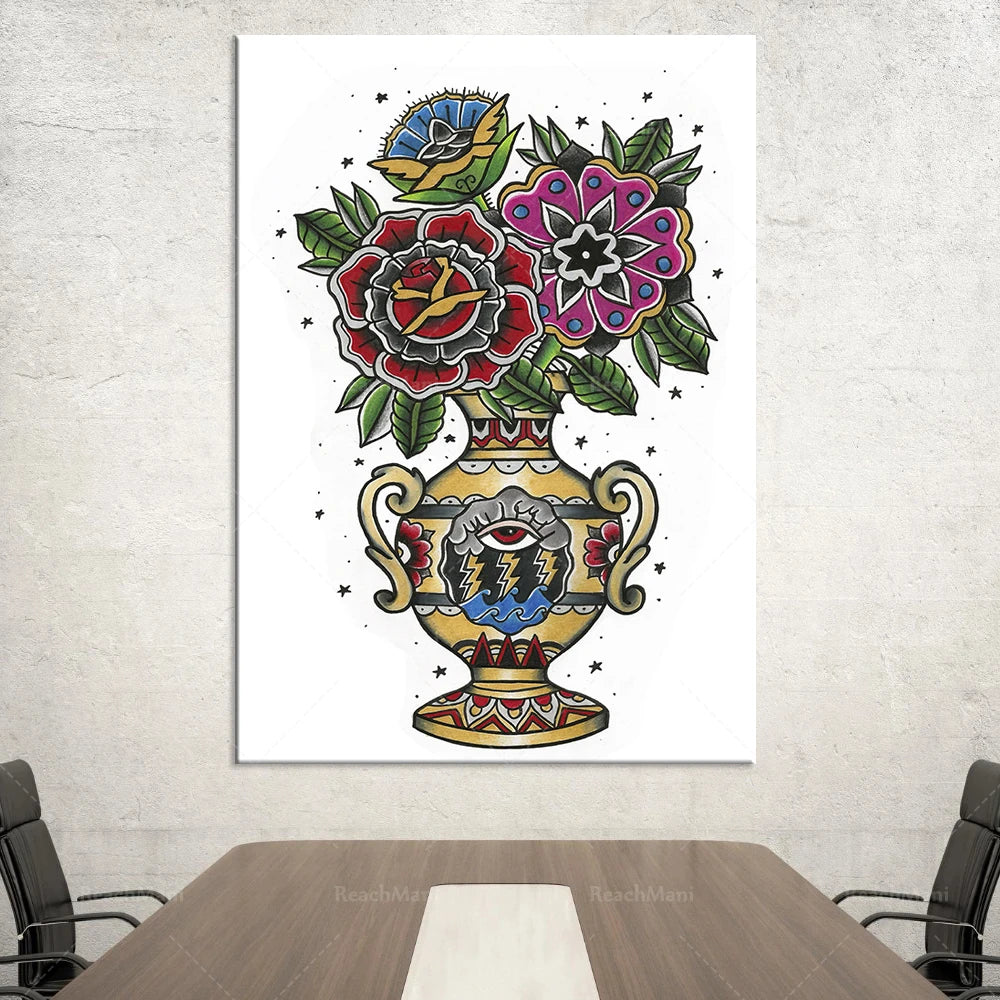 Le vase coloré et orné est rempli de magnifiques fleurs aux designs floraux stylisés avec des éléments graphiques et décoratifs.
