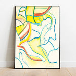 Cette œuvre d'art abstraite utilise des formes géométriques et des couleurs vives pour créer une composition dynamique et énergique.