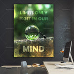 L'image montre une bannière murale avec le texte "Limits only exist in our mind" et une sphère réfléchissante sur un sol boueux, soulignant l'idée que les limites sont surtout dans notre esprit.