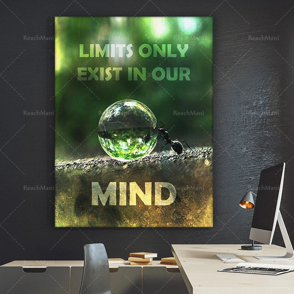 L'image montre une bannière murale avec le texte "Limits only exist in our mind" et une sphère réfléchissante sur un sol boueux, soulignant l'idée que les limites sont surtout dans notre esprit.