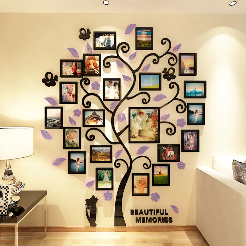 Autocollant 3D cadre photo arbre noir sur mur blanc