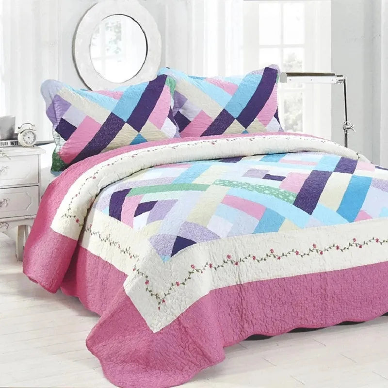 Ensemble couvre-lit vert motif plaid pour chambre