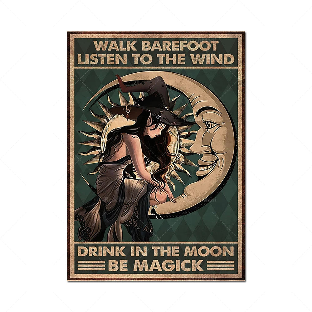 Une illustration montrant une femme dans une pose bohémienne, entourée de lune, de soleil et de vent, avec le texte "Marchez pieds nus, écoutez le vent, buvez dans la lune, soyez magique".