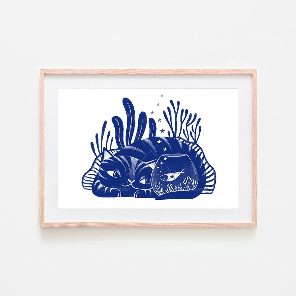 Illustration de deux animaux marins stylisés dans des tons bleus et blancs, créant une ambiance douce et onirique.