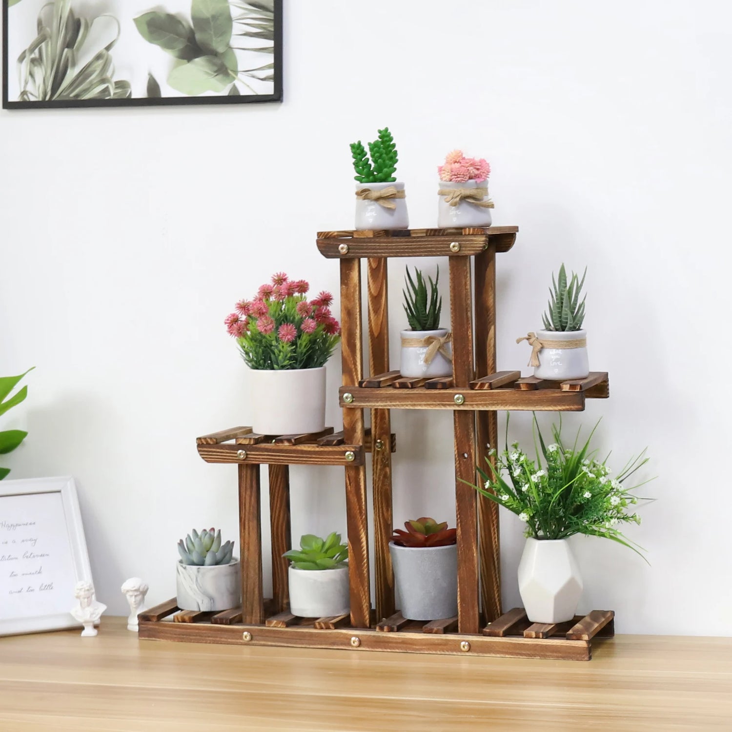 Support de plantes en bois 4 niveaux marron sur bureau