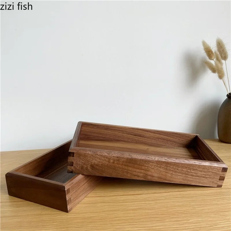 Plateau à thé en bois noyer noir avec accessoires de décoration