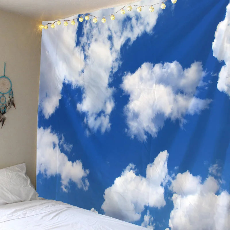 Tapisserie murale ciel bleu et nuages blancs décoration boho