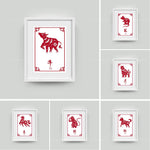 Affiches décoratives avec des animaux du zodiaque chinois en rouge et blanc, représentant les différents signes astrologiques.