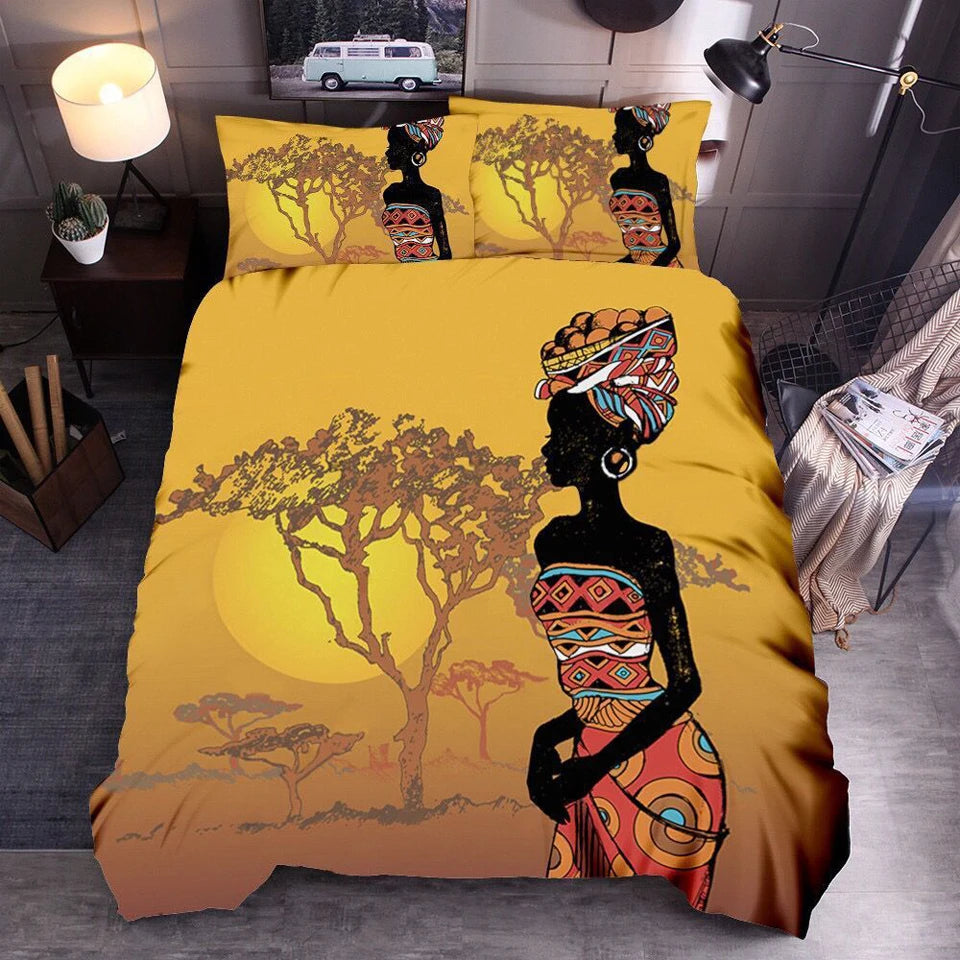 Parure de lit africain 200x200 couleur orange sur lit double