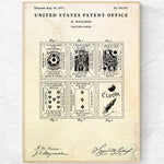 Cette image est le brevet délivré par le bureau des brevets des États-Unis pour les cartes à jouer conçues par H. Billings, datant du 26 août 1873. Le brevet présente différents motifs et messages imprimés sur les cartes.
