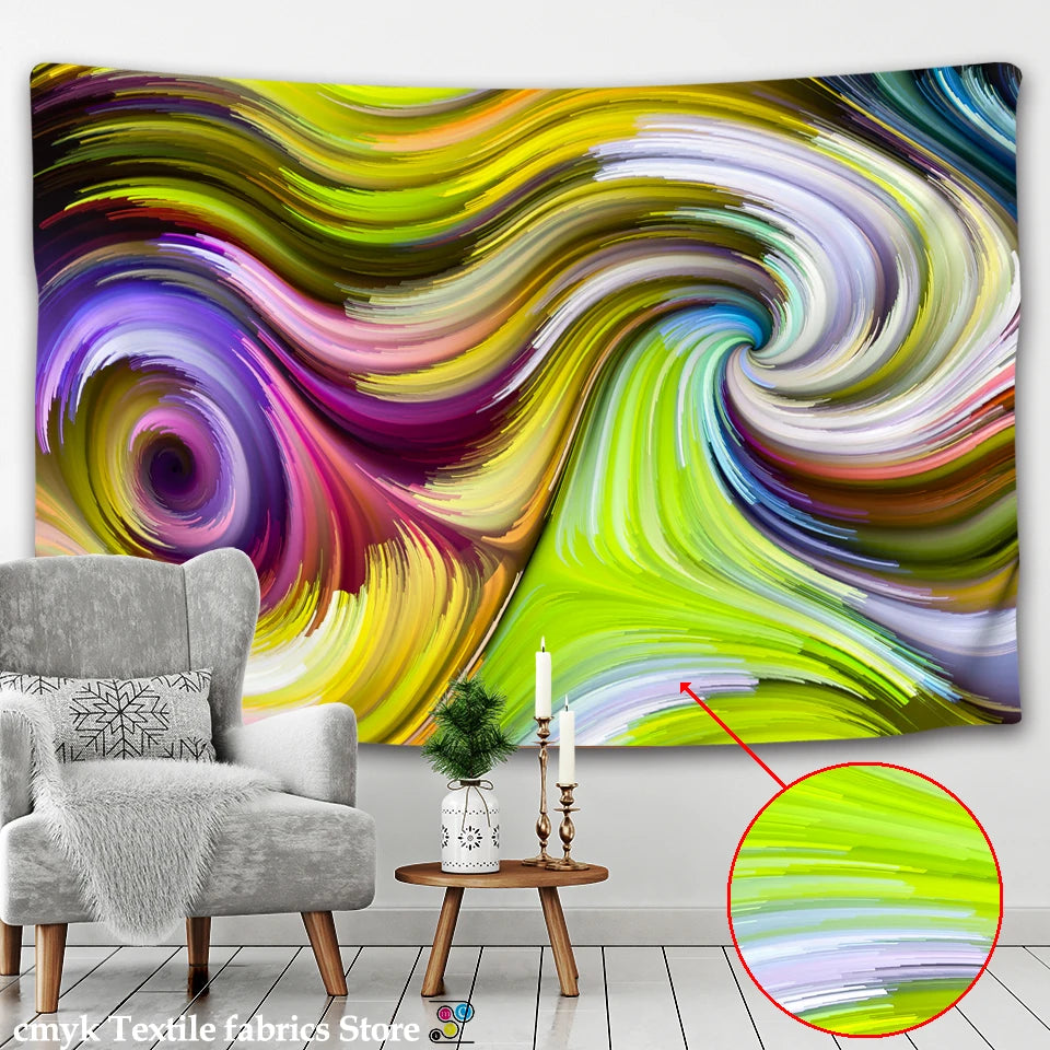 Détail du motif champignon psychédélique sur la tenture murale