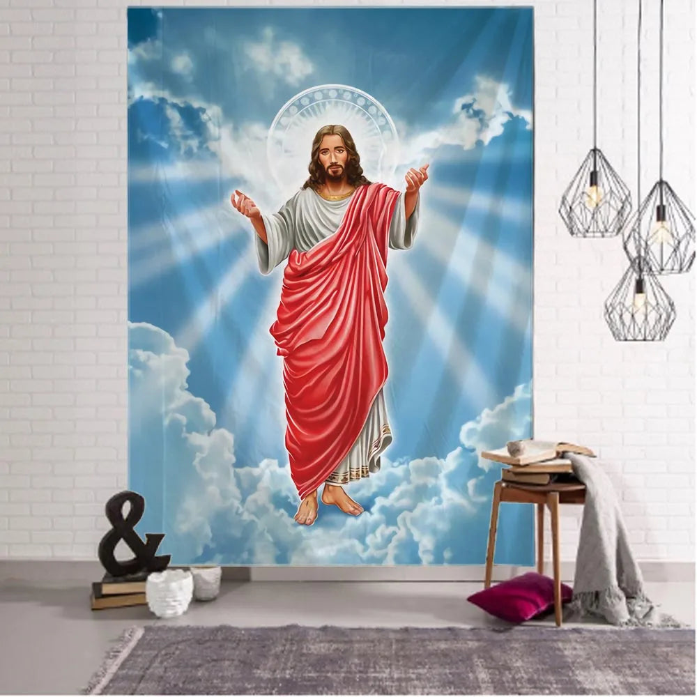 Tapisserie Jesus utilisée comme couverture de lit decoration interieur