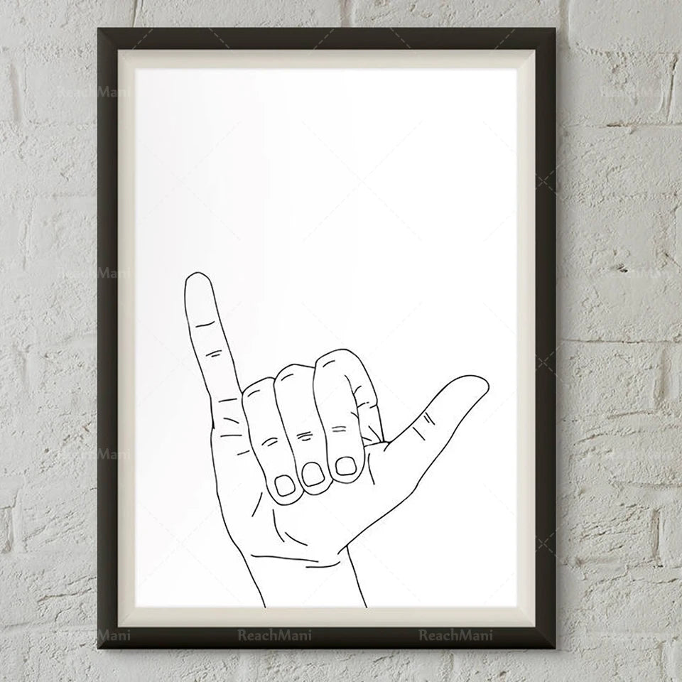 Une illustration minimaliste en noir et blanc montre un geste des mains caractéristique, évoquant un signe de salut ou de communication gestuelle.