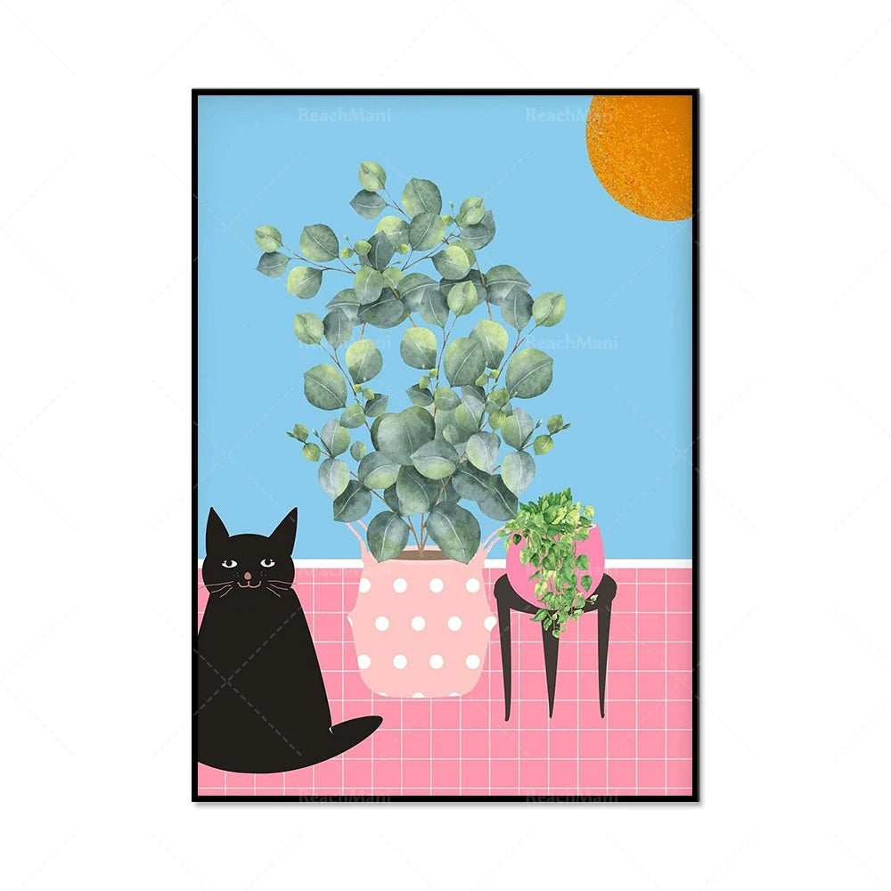 Un chat noir élégant regarde des plantes d'intérieur dans des pots posés sur un sol carrelé rose, contre un ciel bleu avec un soleil orange éclatant.
