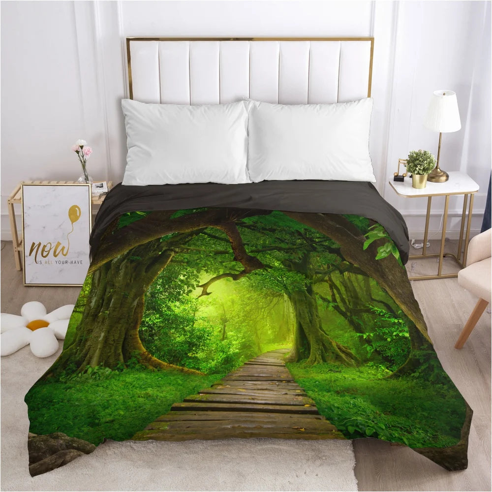 Housse de couette paysage 140x200 en polyester bleu sur un lit