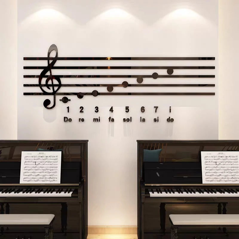 Sticker mural acrylique notes de piano noir sur mur blanc
