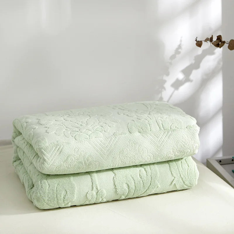 Couverture lit coton éponge motif floral rétro gris bleu