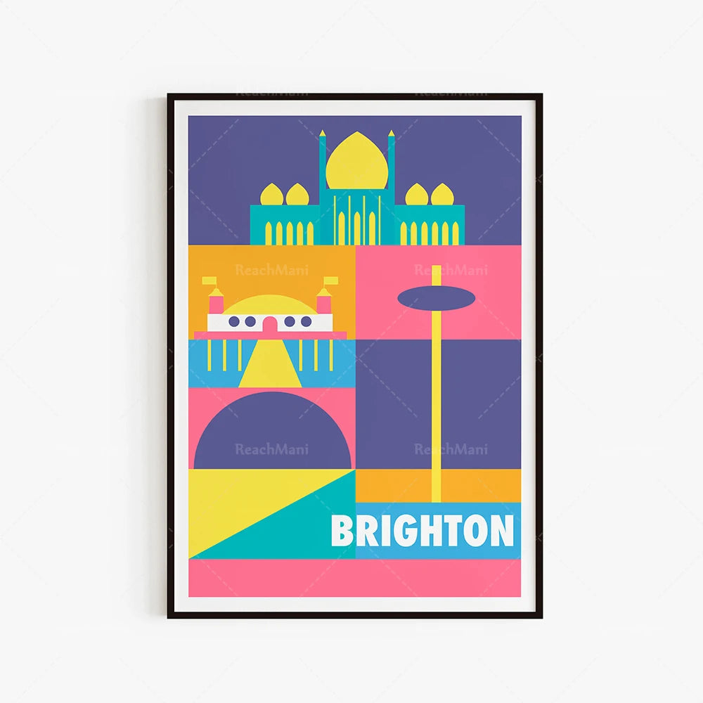 Affiche colorée représentant des attractions emblématiques de Brighton, comme la grande roue et les dômes colorés, avec le texte "BRIGHTON" en grand.