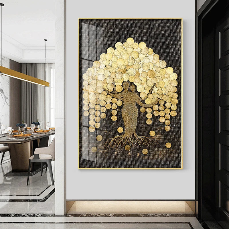 Peinture dorée sur toile arbre pièces or salon