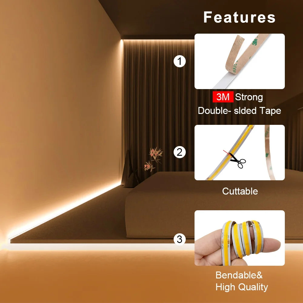 Détail des LED COB sur le ruban lumineux