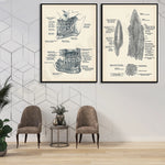 Cette image présente des illustrations anatomiques détaillées des dents et de la mâchoire, dans un style vintage monochrome, encadrées et suspendues sur un mur blanc dans un intérieur moderne avec deux fauteuils et une table d'appoint.