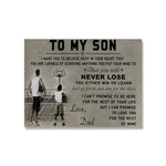 Une image intitulée "To my son" représentant un père et son fils jouant au basket, avec un message encourageant le fils à croire en lui-même et à toujours viser haut.
