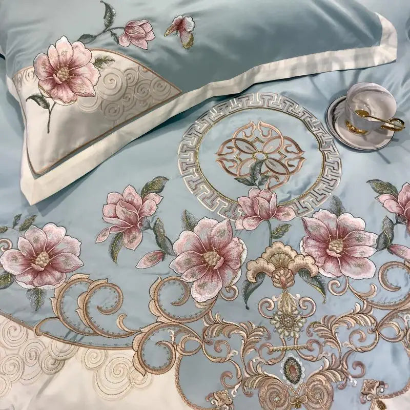 Housse de couette satin coton brodé fleurs motif floral