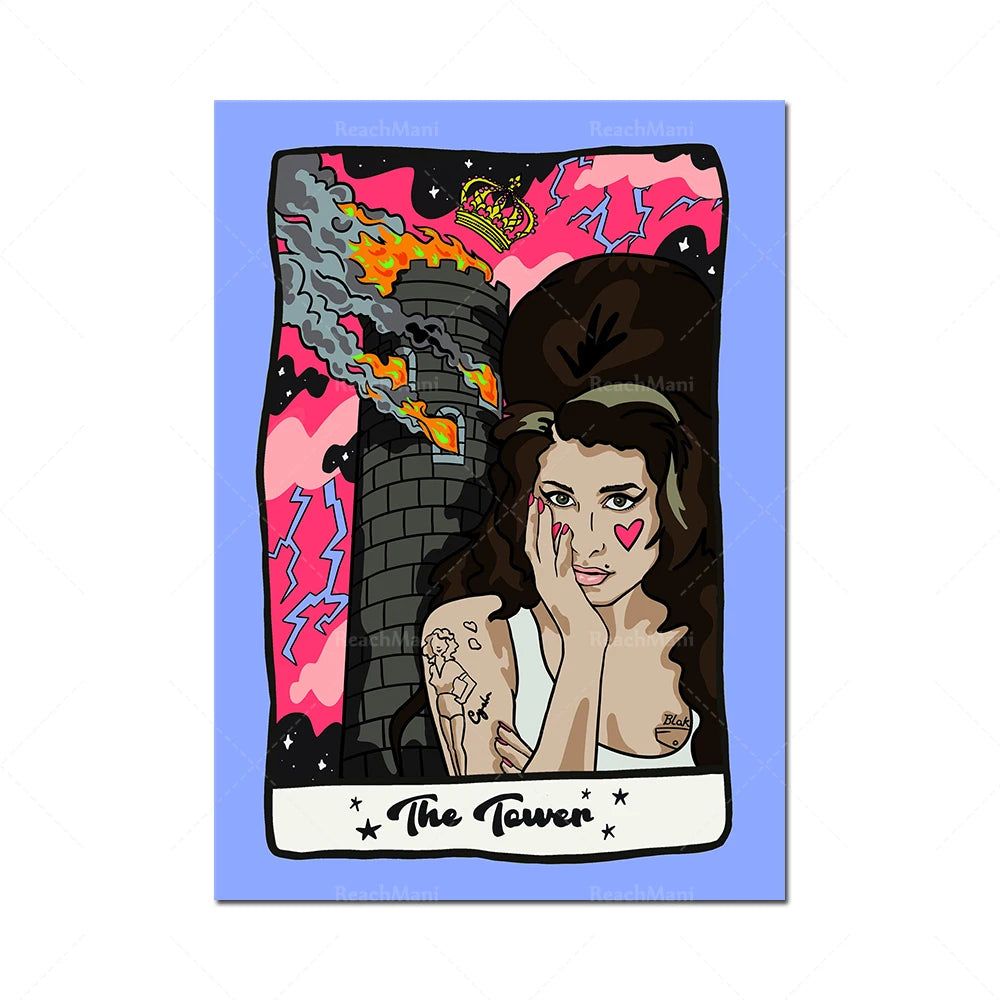 L'image montre une œuvre d'art colorée représentant une femme avec des tatouages, un château en arrière-plan et des éclairs, intitulée "The Tower".