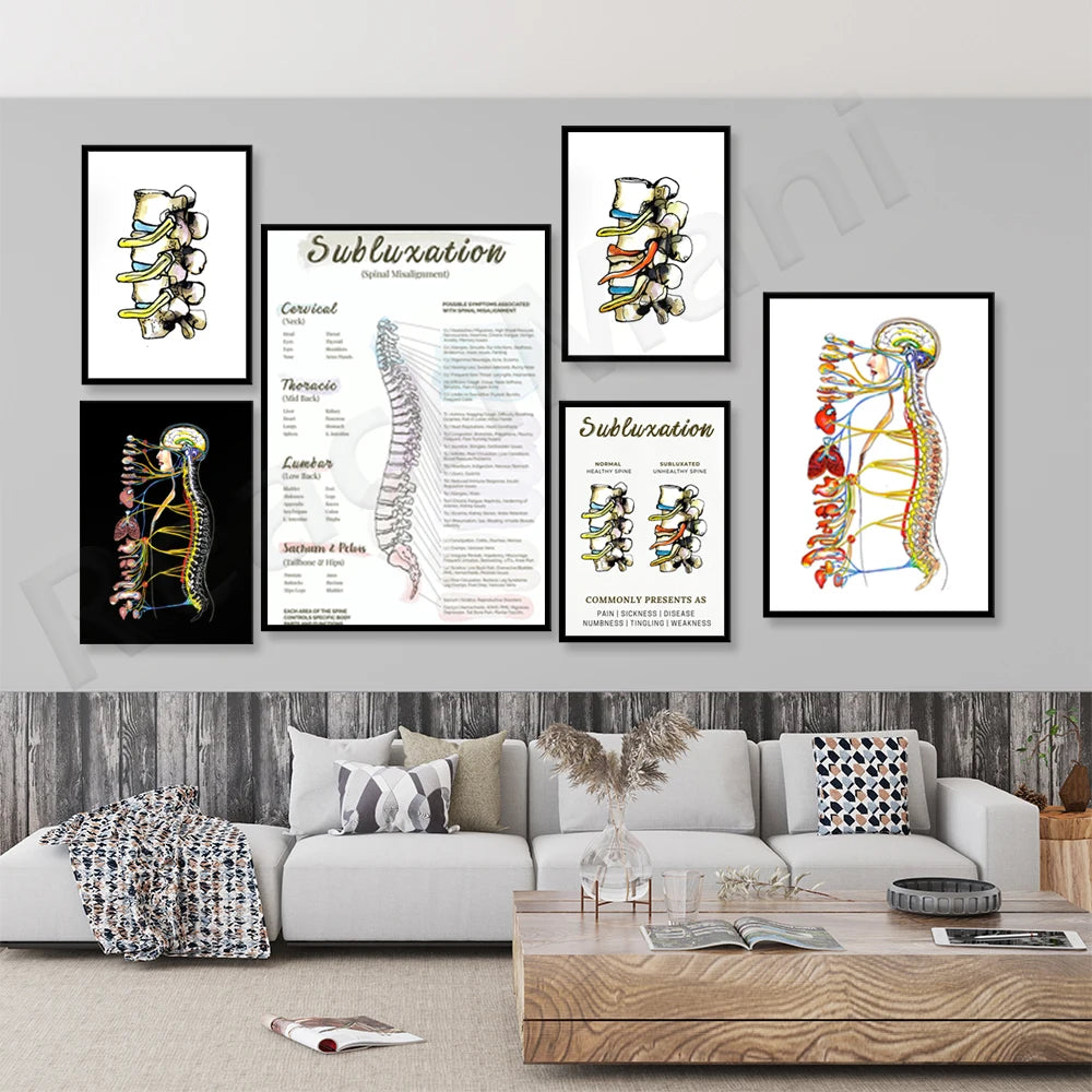 Ensemble coloré d'illustrations médicales et d'informations sur la subluxation, décorant élégamment un salon moderne avec canapé et table basse en bois.