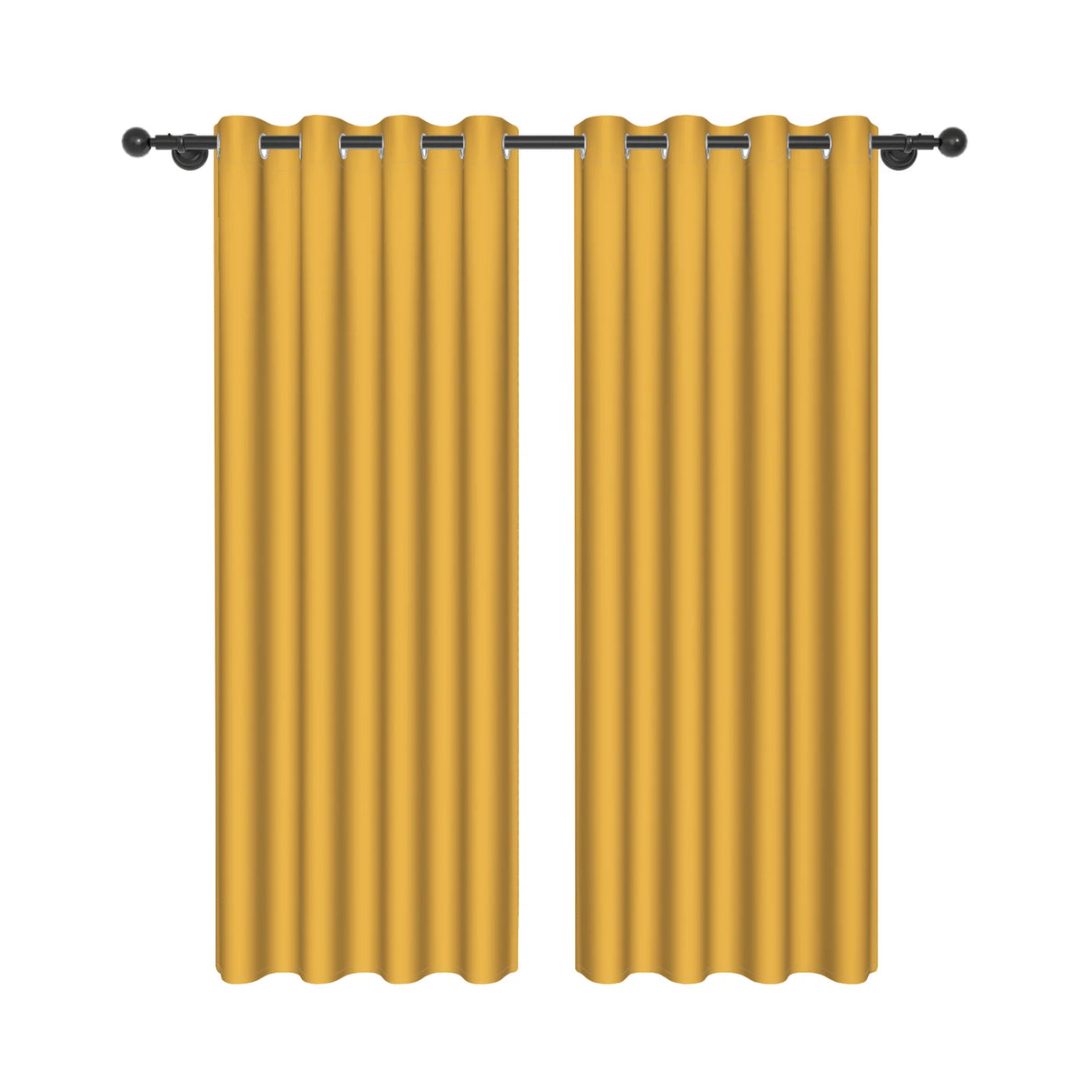 Paire de rideaux jaune moutarde au tombé élégant, conçus avec des œillets pour tringle, vue produit sur fond blanc.