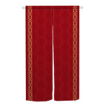 Rideau rouge avec motifs géométriques centrés et lignes dorées sur les côtés, design japonais élégant