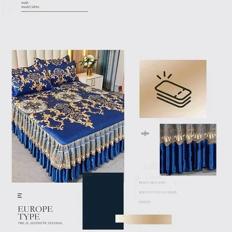 Jupe de lit bleu royal ajustée sur un cadre de lit