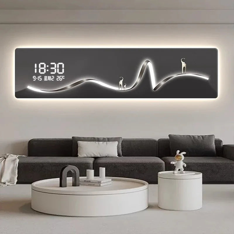 Horloge murale bleue au-dessus d'une console en bois