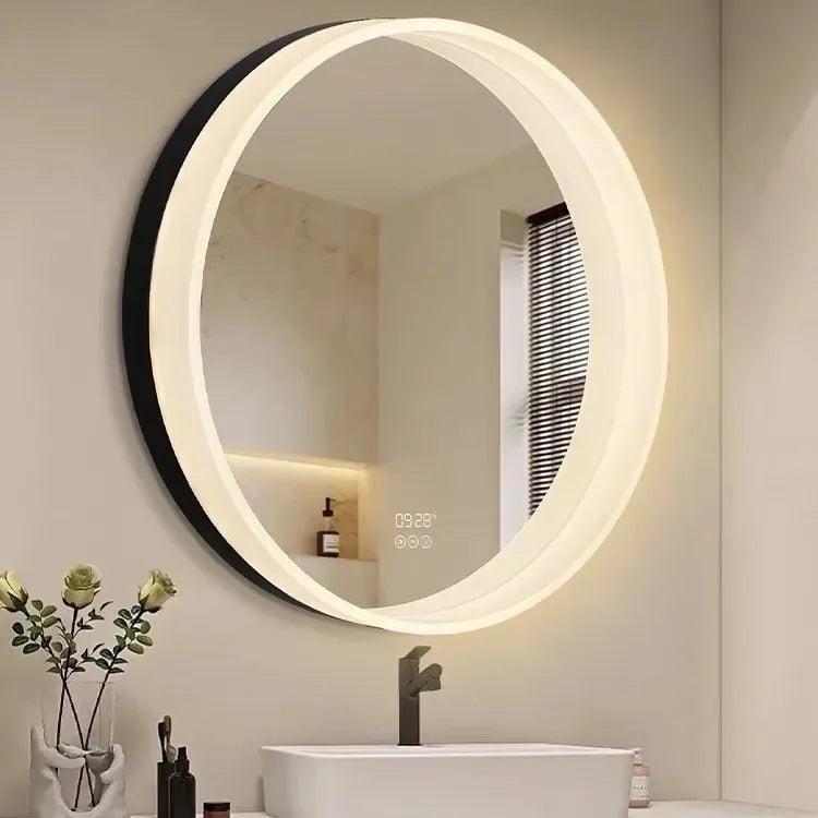 Miroir rond bois massif avec étagère blanc