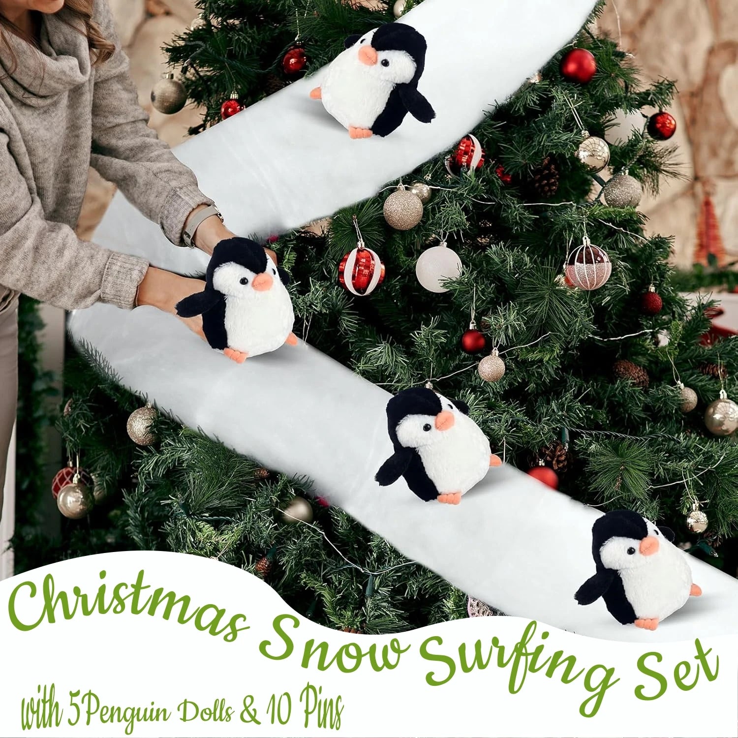 Tapis neige coton décoration escalier Noël avec pingouins