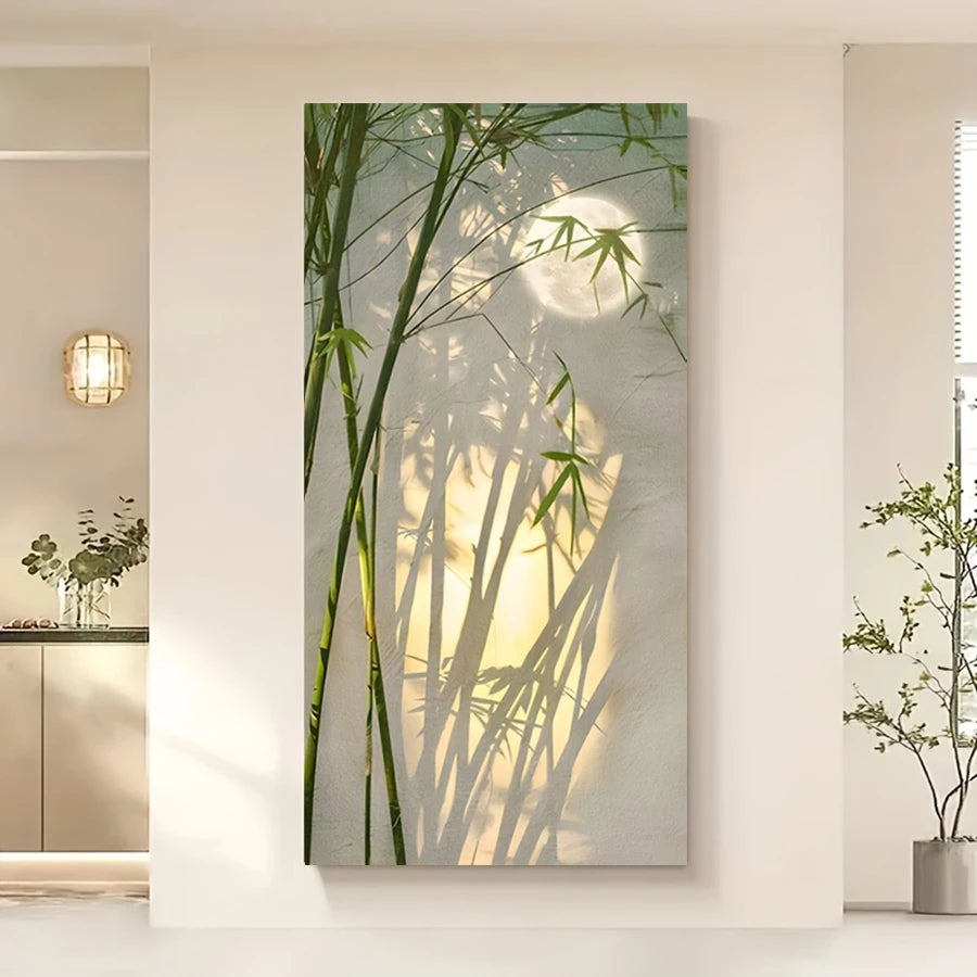 Peinture bambou vert sur toile décoration murale salon