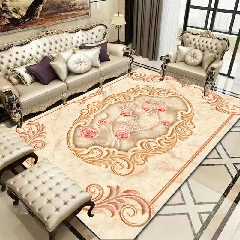 Un élégant salon orné de meubles de style ancien, avec un tapis décoratif aux motifs floraux et une fenêtre laissant entrer la lumière naturelle.