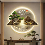 Horloge murale LED blanche affichant l'heure et la température dans un salon moderne