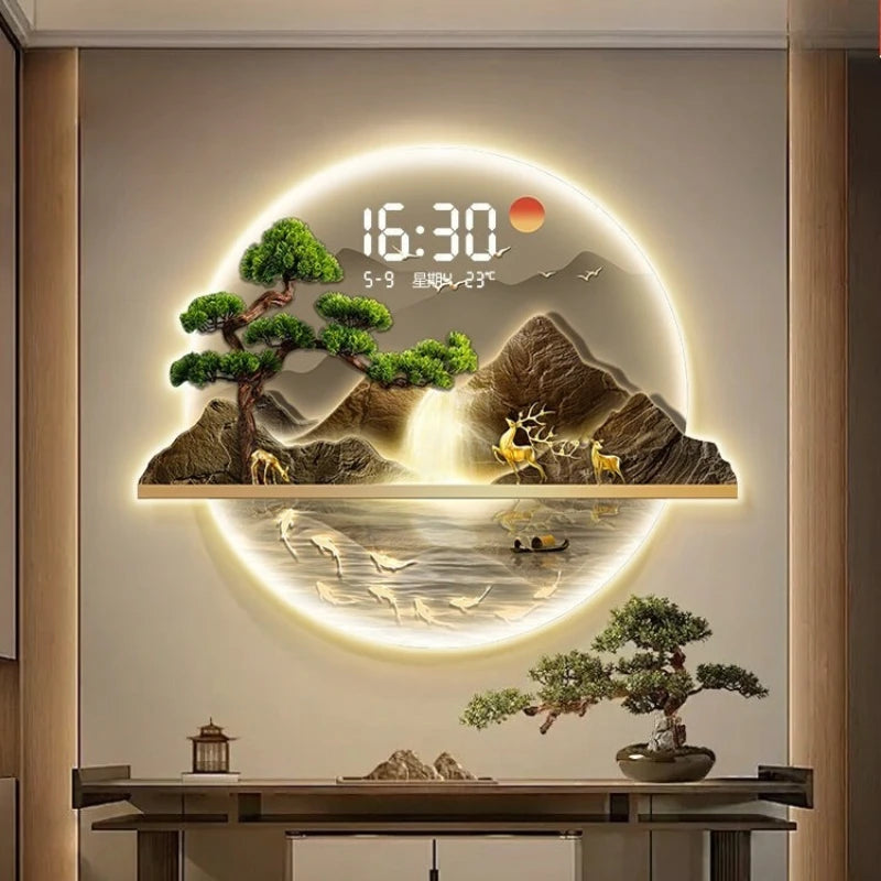 Horloge murale LED blanche affichant l'heure et la température dans un salon moderne