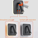 Détail de l'applique murale rotative LED montrant les spots et l'abat-jour en couleur or